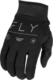 Fly Racing Youth F-16 gloves in black and charcoal, featuring padded design and breathable material for riding comfort.