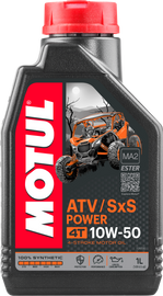 Motul ATV/SXS Power 4T 10W50 engine oil container, 1-liter bottle, for all-terrain vehicle and side-by-side engine maintenance.