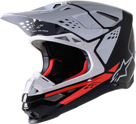 Alpine Star S.Tech S-M8 Factory helmet in black, white, and red fluo gloss finish, shown from the front with visor and ventilation details.