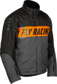 Fly Racing Outpost Jacket in grey and orange, medium size, showcasing the lightweight, durable outdoor jacket with a sleek design.
