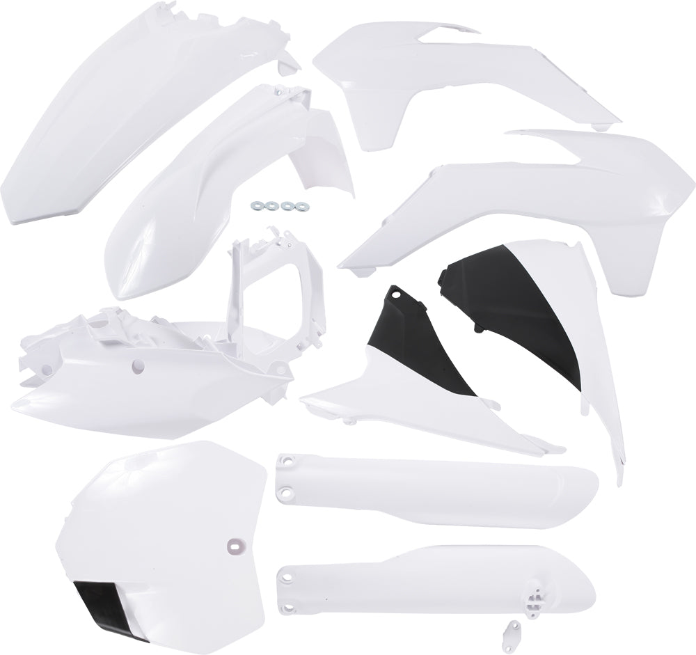 Acerbis white full plastic kit for motorcycle, including various plastic panels and fairings, shown on a flat surface.