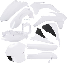 Acerbis white full plastic kit for motorcycle, including various plastic panels and fairings, shown on a flat surface.