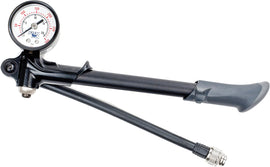 Fox dual-sided shock pump with digital gauge, 300psi max, used for mountain bike suspension maintenance.