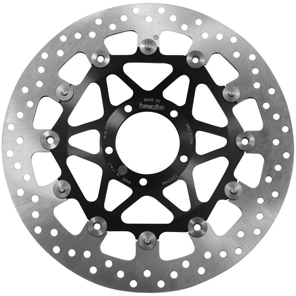 Brembo Serie Oro front floating brake rotor with vented design and metallic finish, showcasing the high-performance brake component.