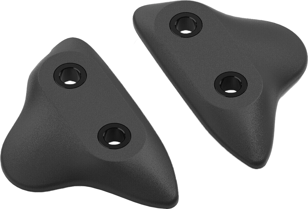 Pair of RIZOMA black Yam Mirror Block Off Plates for motorcycle mirrors, showing sleek black finish and mounting details.
