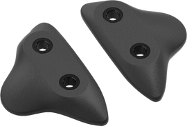 Pair of RIZOMA black Yam Mirror Block Off Plates for motorcycle mirrors, showing sleek black finish and mounting details.