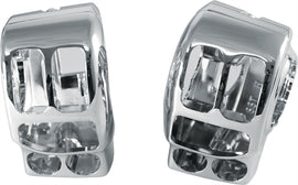 HardDrive chrome switch housing for Flh/Flt hand controls, fits 2014-2023 Harley Davidson models, with visible mounting points and chrome finish.