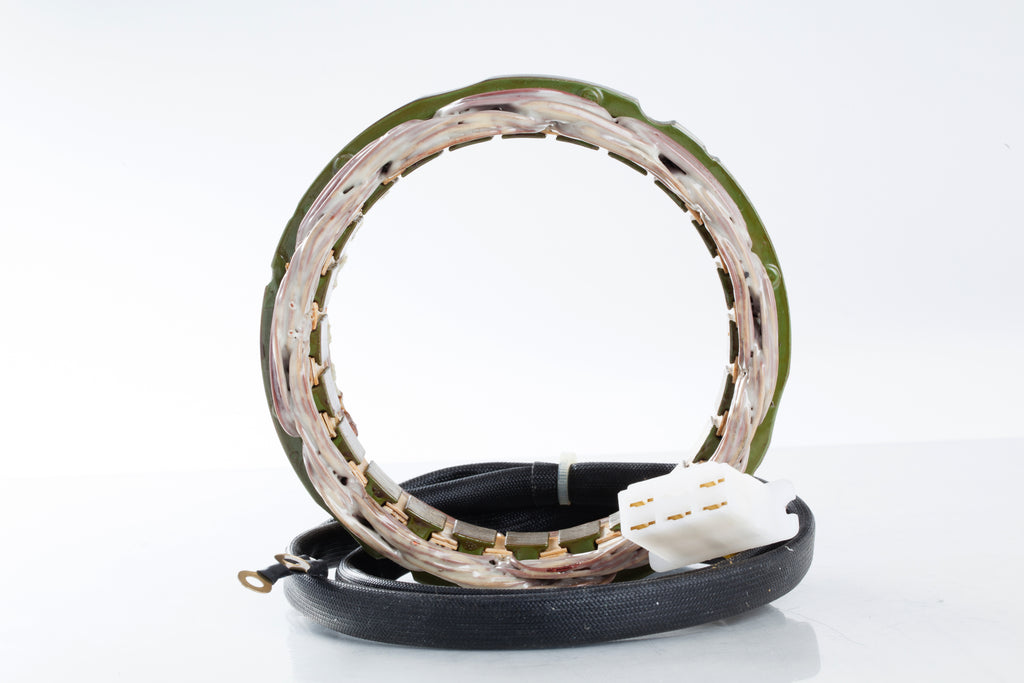 Ricks Motorsport Electric Stator 27-21101 for motorcycle electrical systems, shown with coils and mounting brackets.