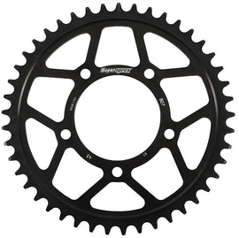 Steel Supersprox rear edge sprocket, 45-tooth, black finish on Suzuki GSX-R750 motorcycle, designed for 525 chain compatibility.