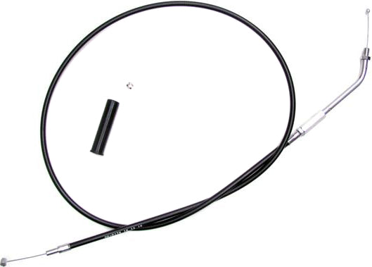 Motion Pro black vinyl throttle cable for motorcycles, showing the durable cable with black vinyl coating and metal fittings.