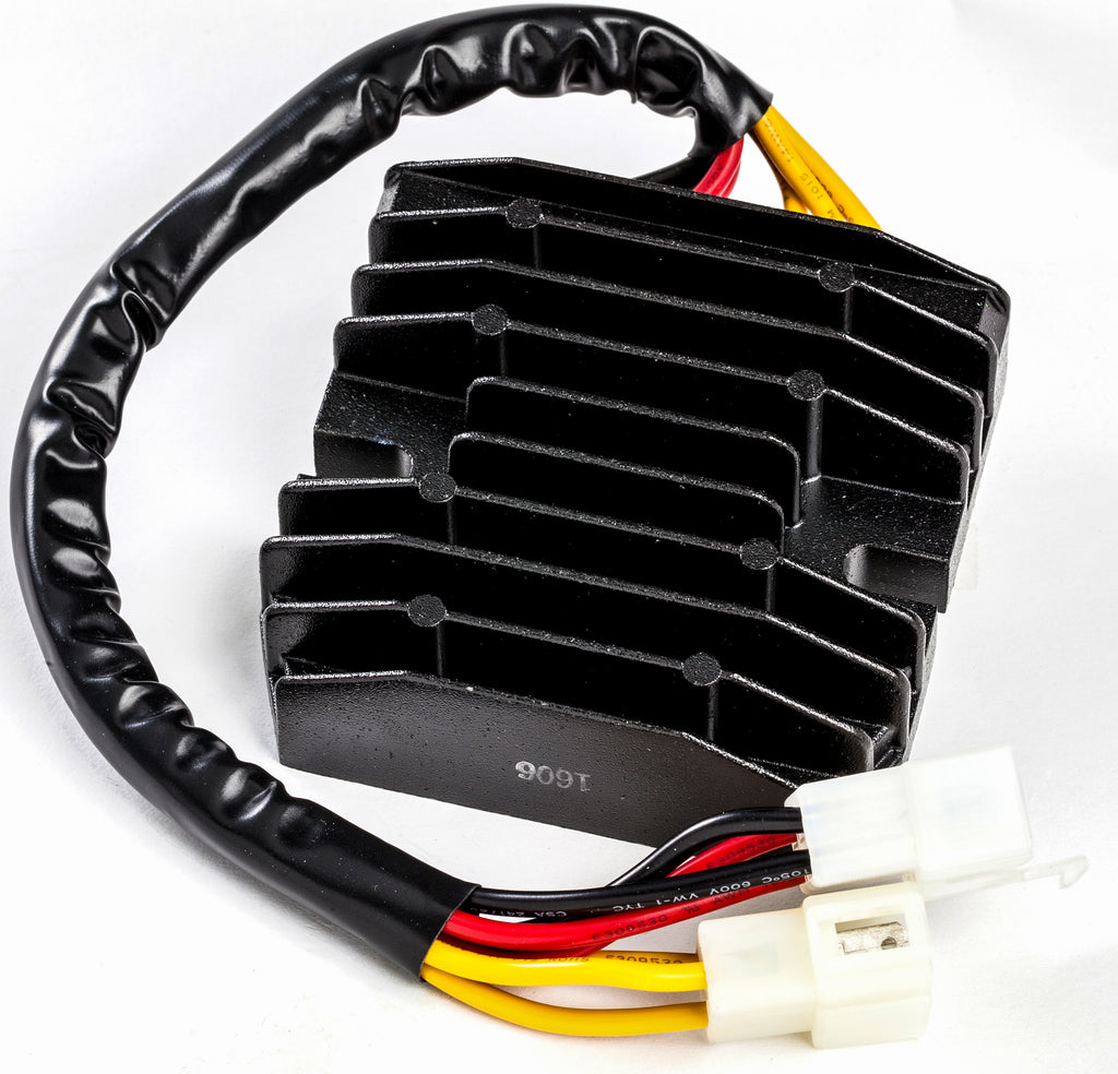 Ricks Motorsport Electric regulator and rectifier for motorcycle electrical system, showing metal fins and electrical connectors.