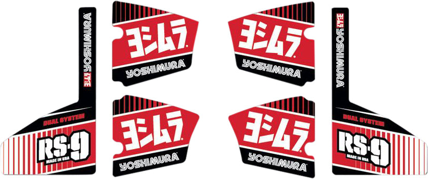 Yoshimura Rs-9 Muffler Decal Set with 6 graphic stickers, featuring Yoshimura branding for motorcycle exhaust customization.