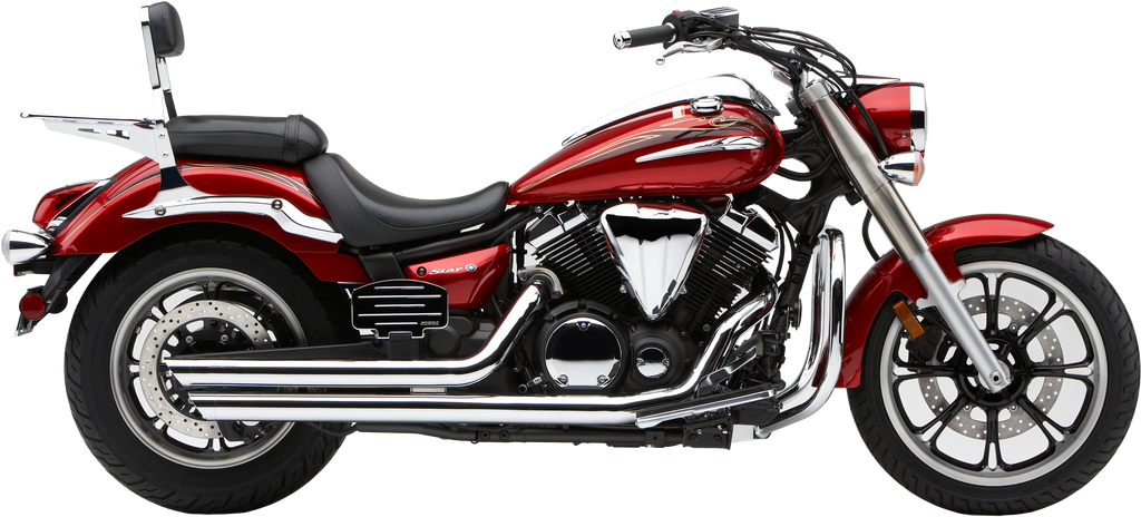 Cobra Speedster Slashdown exhaust for Yamaha V-Star 950 motorcycle, featuring sleek chrome finish and slashdown design.