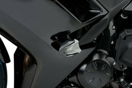 PUIG R19 Black Frame Sliders for motorcycle body protection, shown mounted on a bike in the image.