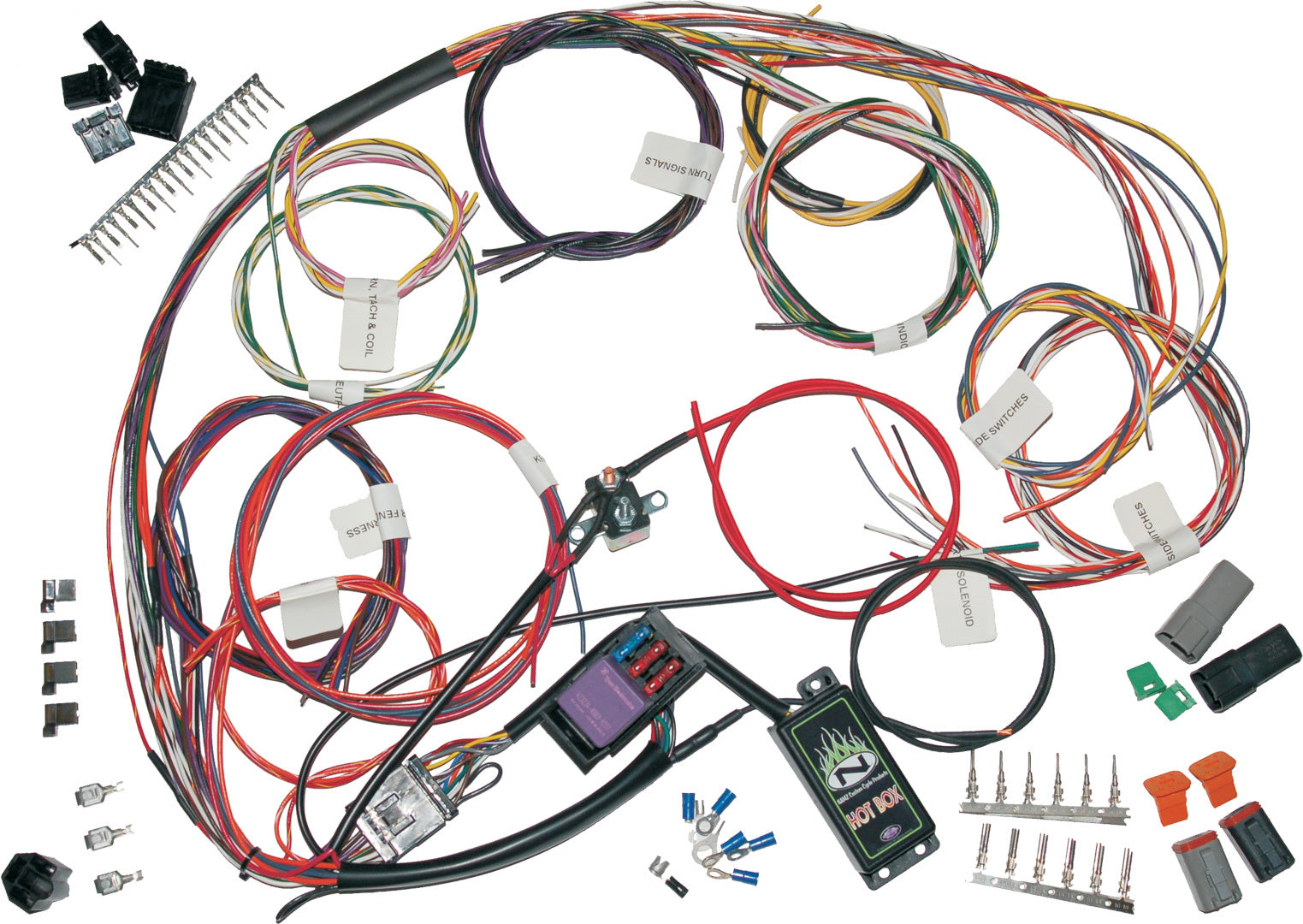 Namz Complete Bike Harness with Starter Relay, electrical wiring kit, showing connectors and wiring for motorcycle installation.