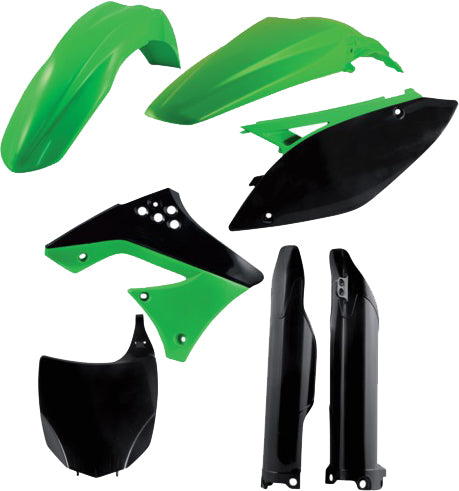 Acerbis green plastic kit for motorcycle, featuring various molded plastic parts on a clean background.