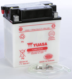 Yuasa YB10A-A2 conventional 12V car battery with black case and terminals, suitable for automotive use.
