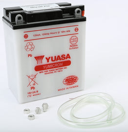 Yuasa YB12A-B conventional car battery showing top and terminal connections for vehicle power supply.