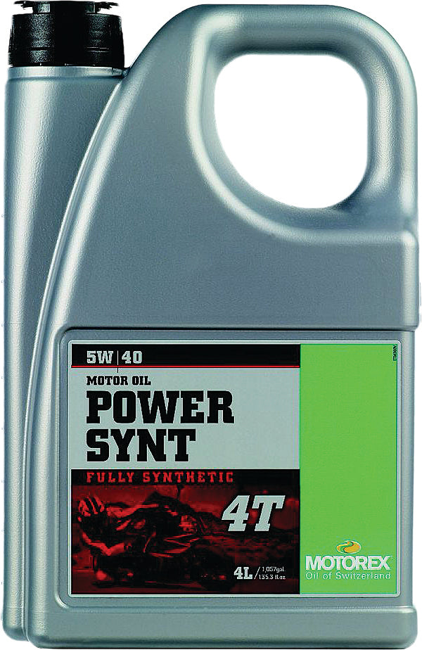 Motorex Power Synthetic Motor Oil 4T 5W40 4L container, high-performance engine oil for motorcycles, in a clear plastic bottle