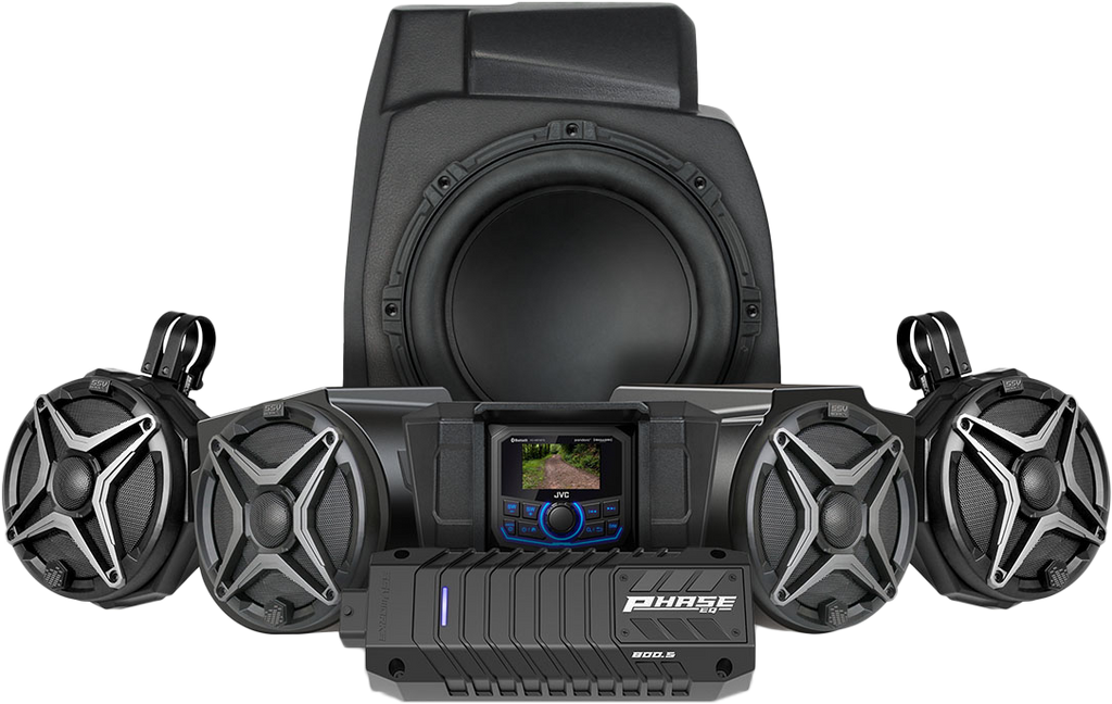 SSV Works 5 speaker kit with JVC controller, showing audio speakers and wiring setup in a vehicle interior.