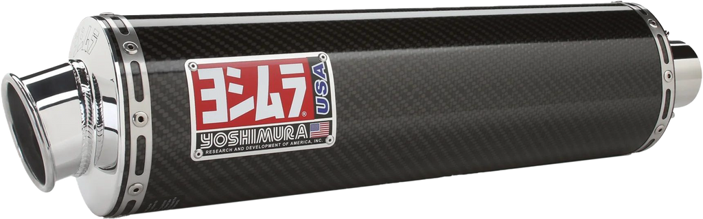 Yoshimura Race RS3 slip-on exhaust with stainless steel and carbon fiber components, designed for Suzuki motorcycles.