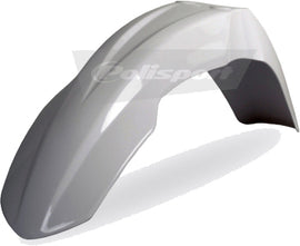 Polisport Plastics white front fender for Honda CRF250 motorcycle, durable plastic part designed for off-road riding.