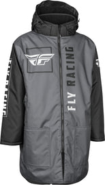 Fly Racing Pit Coat in black and grey, lightweight motorcycle gear with a full front zipper and hood, suitable for racing or casual wear.