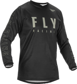 Fly Racing F-16 jersey in black and grey, men's medium, featuring breathable fabric and sporty design for motocross riding.