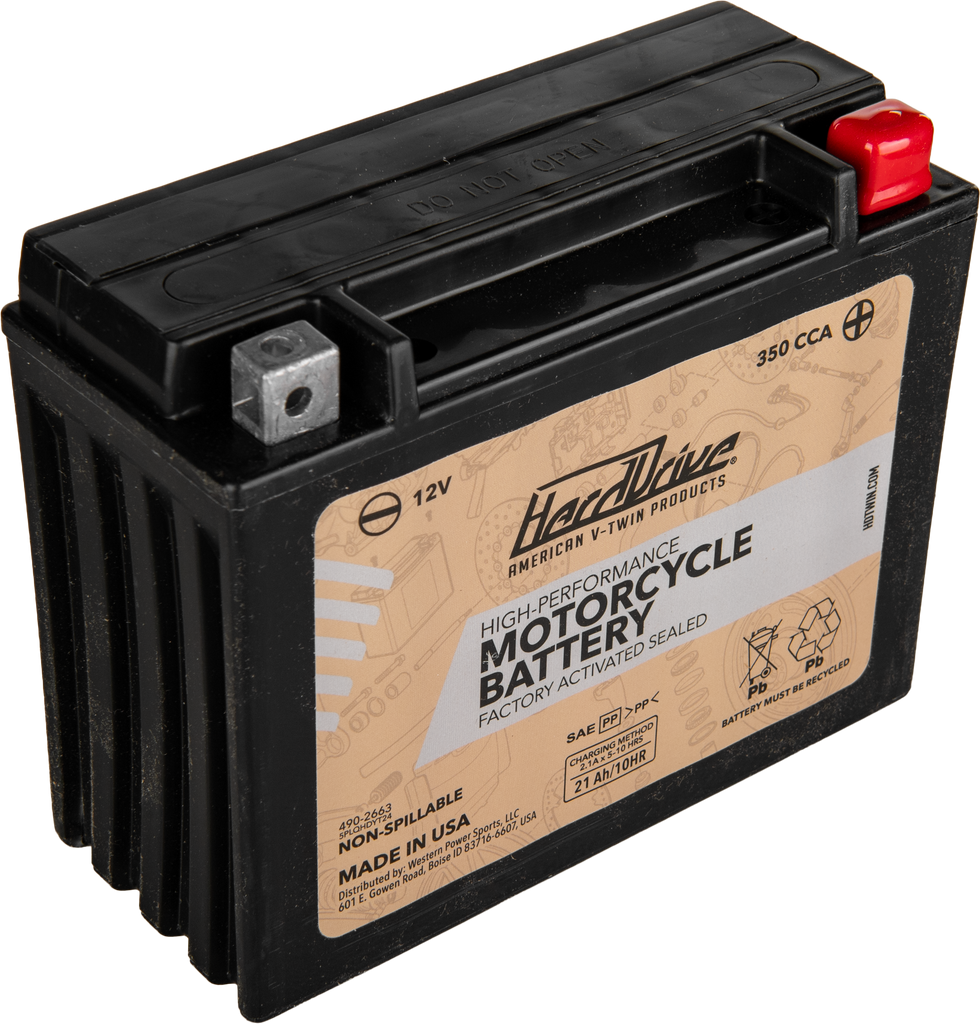 HardDrive YTX24HL high-performance motorcycle battery with 350 CCA, showing the battery's label and terminals.