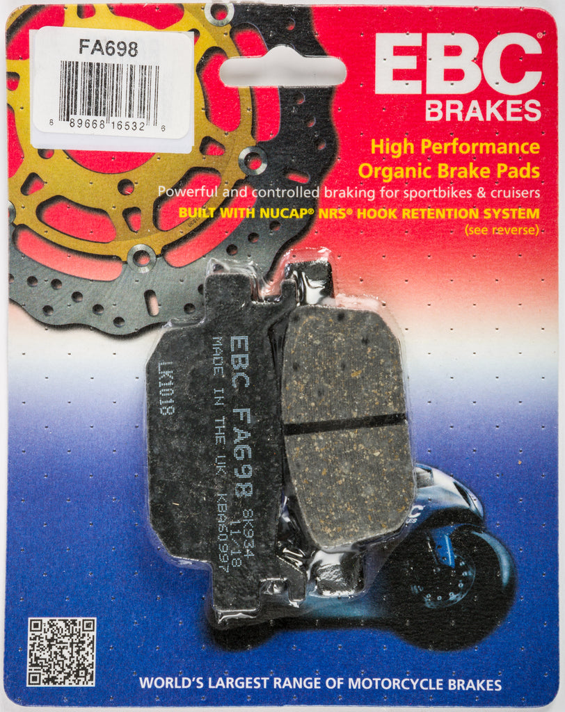 EBC Motorcycle Brakes Fa698 organic brake pads showing black friction material and metal backing plate for motorcycle braking system.
