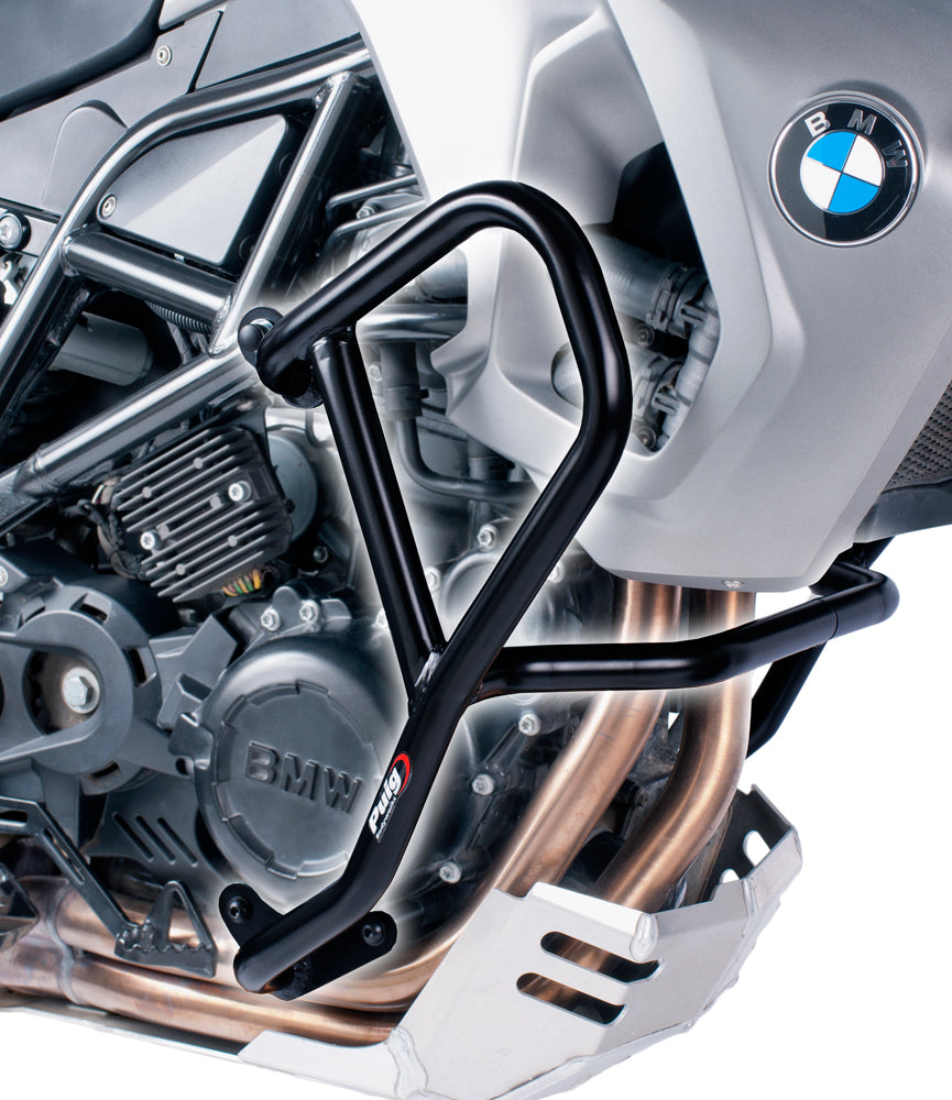 Black PUIG engine guards for BMW, body protection components designed to fit BMW motorcycles with model 561-4102BK.