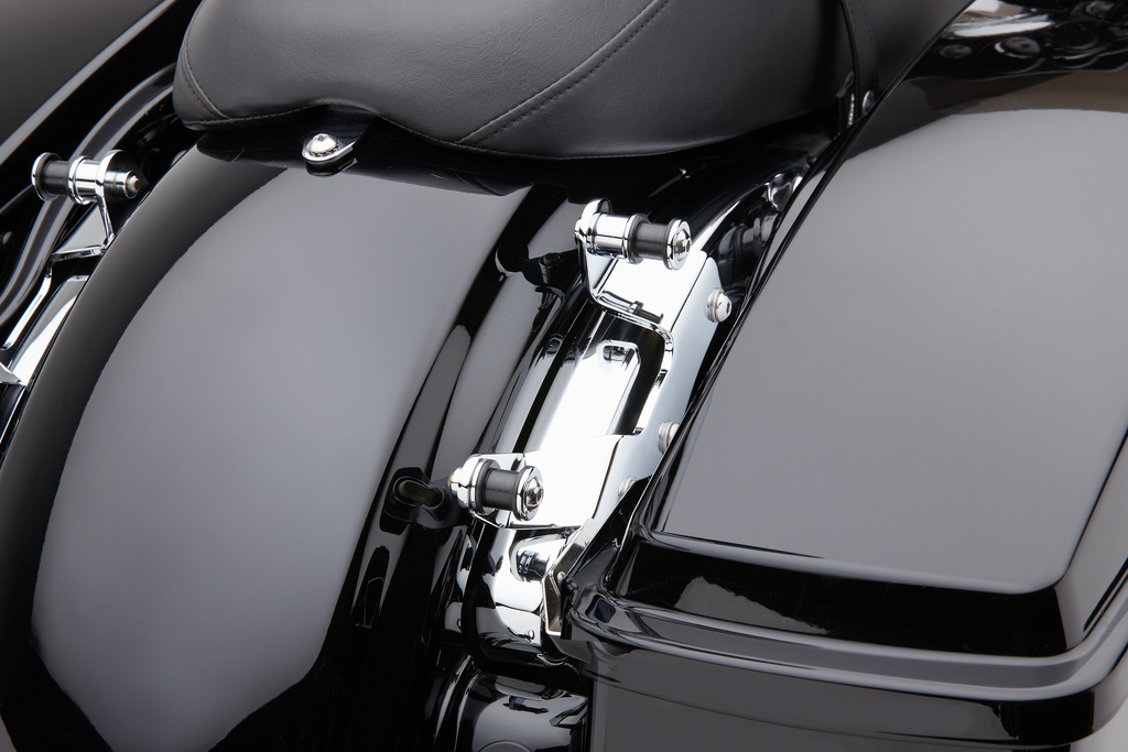 Black Cobra backrest mounting kit for Harley FLH/FLT 2009-2013, body mounting hardware for motorcycle comfort and support.