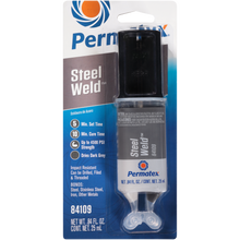 Charger l'image dans la galerie, Permatex 4-minute multi-metal epoxy in a 0.84 fl oz tube, shown with applicator tip and packaging, suitable for metal repairs.