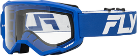 Fly Racing youth focus goggles in blue and white with clear lens, designed for motocross or off-road riding.