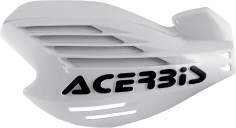 Acerbis X-Force white handguards for motorcycles, featuring durable plastic construction and mounting brackets for off-road riding.