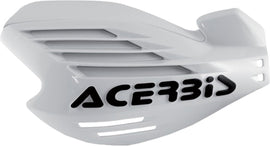 Acerbis X-Force white handguards for motorcycles, featuring durable plastic construction and mounting brackets for off-road riding.