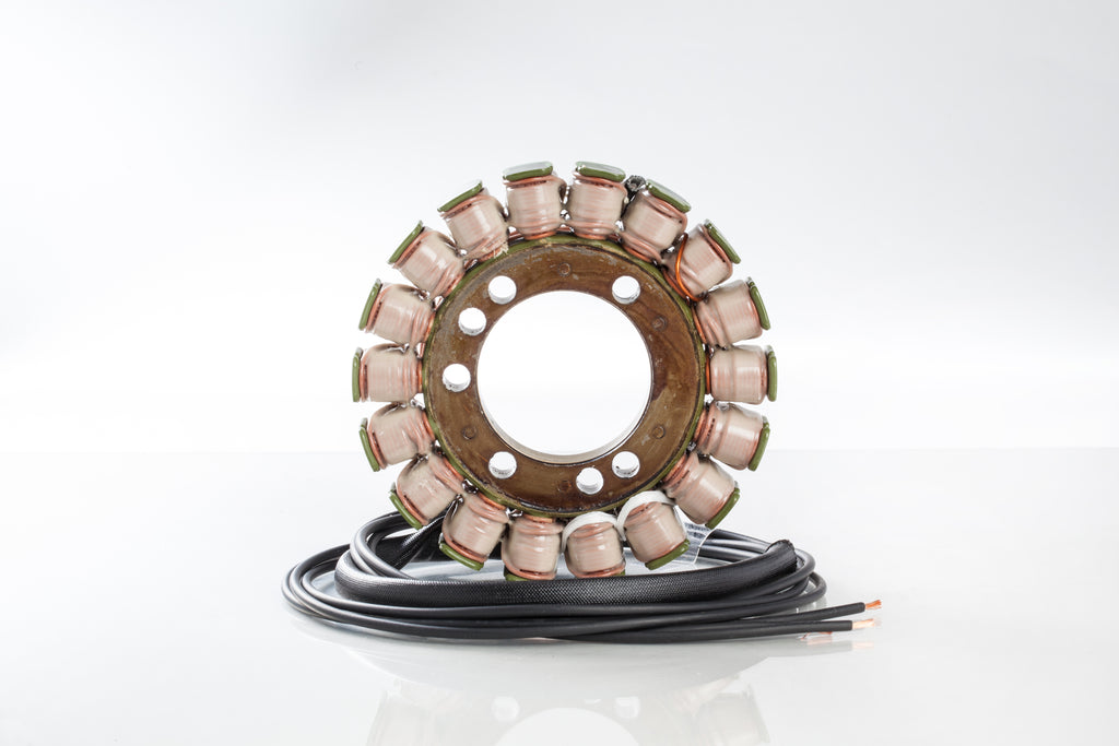 Ricks Motorsport Electric Stator 27-21322 for motorcycle electrical systems, shown with wiring and mounting components.
