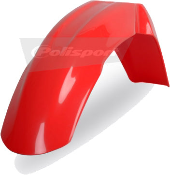 Red Polisport Plastics front fender for off-road motorcycles, showing the durable plastic design with mounting points.