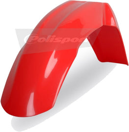 Polisport Plastics red front fender for motorcycle, featuring a sleek design with mounting points for easy installation.