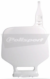Polisport Plastics white front number plate for motocross or dirt bikes, model 64-6741, mounted on a bike body.