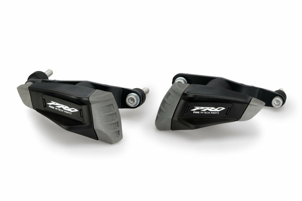 PUIG Frame Sliders Pro Black for Yamaha off-road motorcycle, showing durable protective frame sliders installed on the bike.