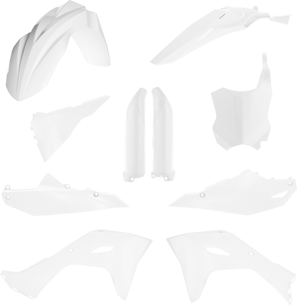 Acerbis white full plastic body kit for Kawasaki motorcycle, includes front and side panels, made of durable plastic material.