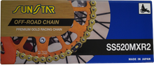 Load image into Gallery viewer, Sunstar MXR2 non-sealed 520 chain with 120g gold and gold finish, showing detailed close-up of chain links and branding
