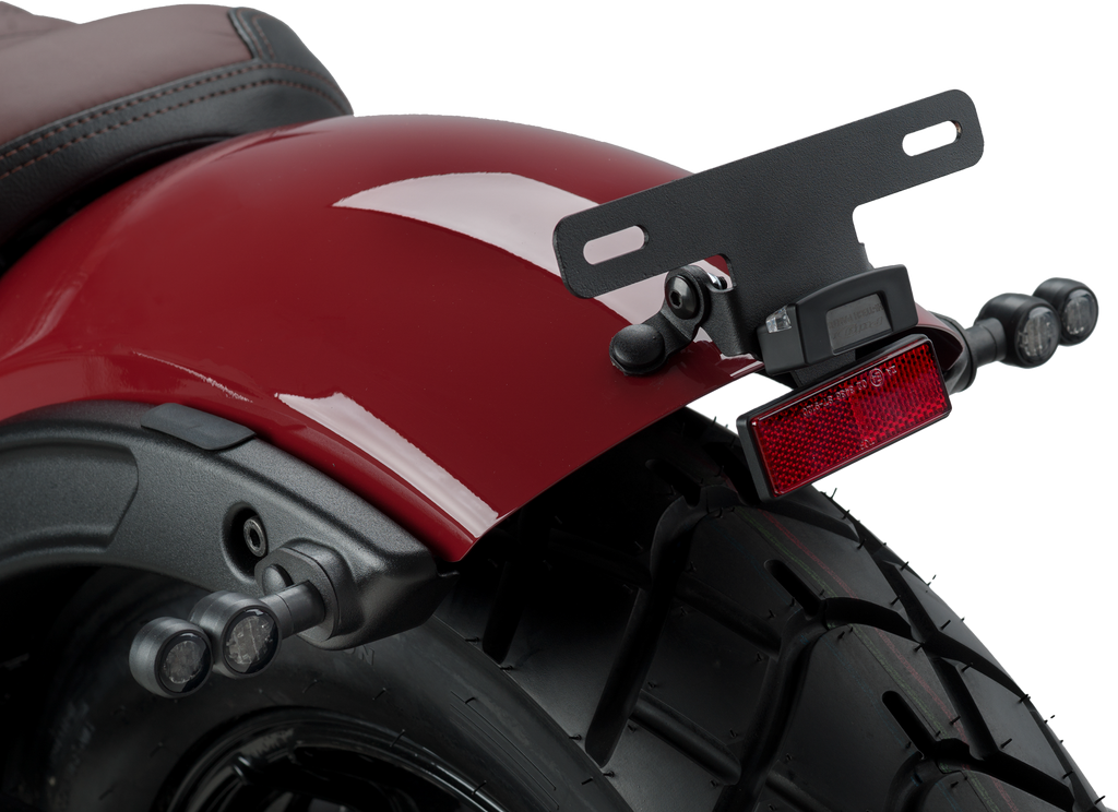 PUIG license support body panel for 2018-2025 Scout Bobber motorcycle, black finish, designed for secure license plate mounting.