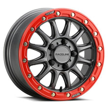 Load image into Gallery viewer, Raceline Alpha Bdlk 15x7 gunmetal and red alloy wheel with 5/4.5 bolt pattern and +25mm offset, showing a close-up view.