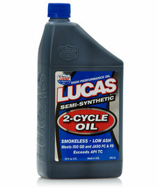 LUCAS Semi-Synthetic Oil 2T 1 Qt bottle, part of a 6-pack, showing the oil container for motorcycle or small engine use