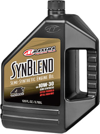 Maxima synthetic blend 10W30 motor oil for 4-stroke engines, 1-gallon container, shown in case of four bottles