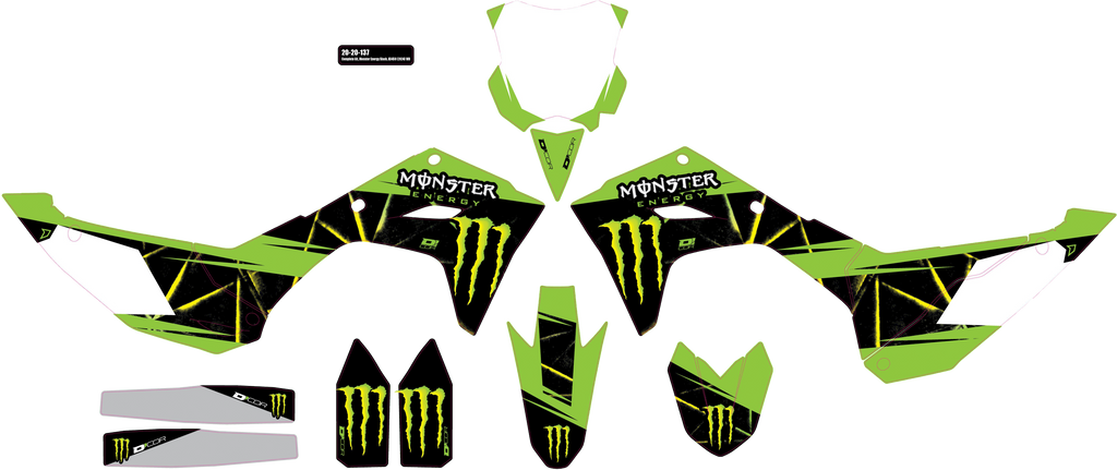 DCOR Kawasaki graphic kit with decals and custom designs, featuring bold colors and intricate patterns for motorcycle customization.