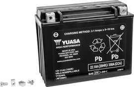 Yuasa YTX24HL sealed factory-activated motorcycle battery with positive and negative terminals visible