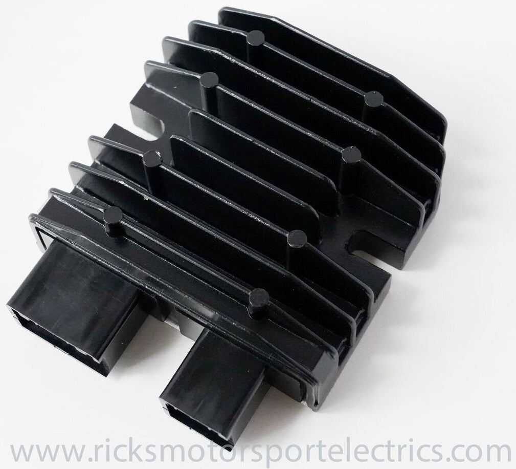Ricks Motorsport Electric regulator and rectifier for motorcycle electrical systems, with metal mounting bracket and wiring connections